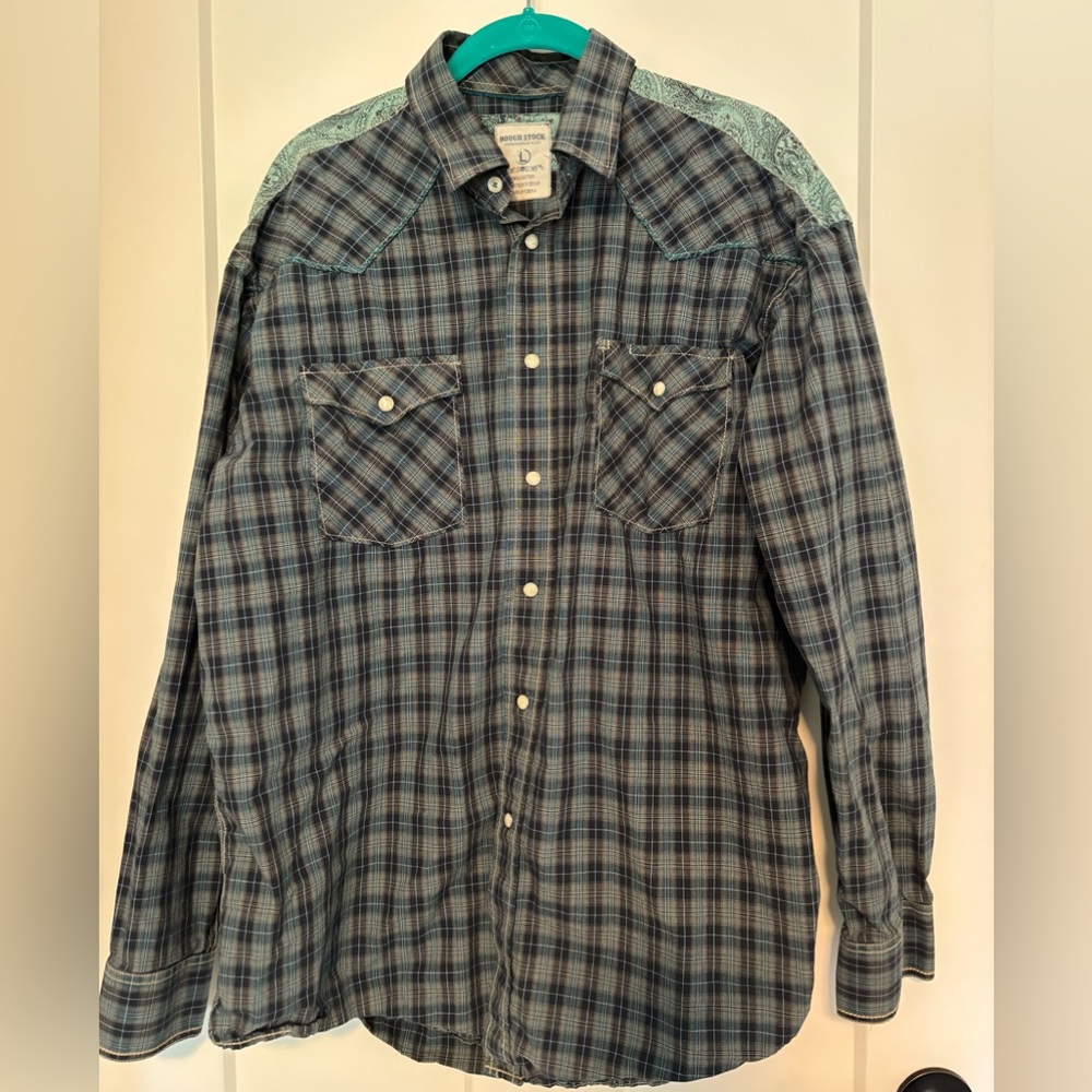 Panhandle‎ Slim Rough Stock Pearl Snap Western Shirt Mens  L Blue PLAID/Paisley